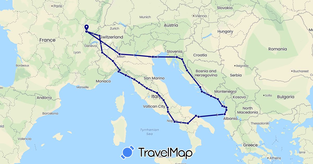 TravelMap itinerary: driving in Albania, Switzerland, France, Croatia, Italy, Montenegro (Europe)
